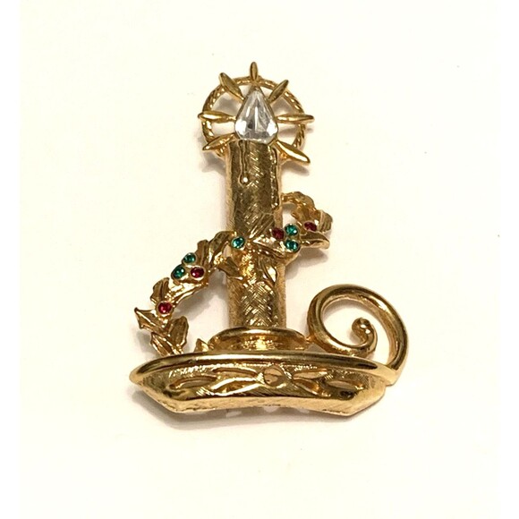 Vintage Christmas Brooch Pin Candle In Holder Gold Tone Red Green Rhinestones - Picture 3 of 6
